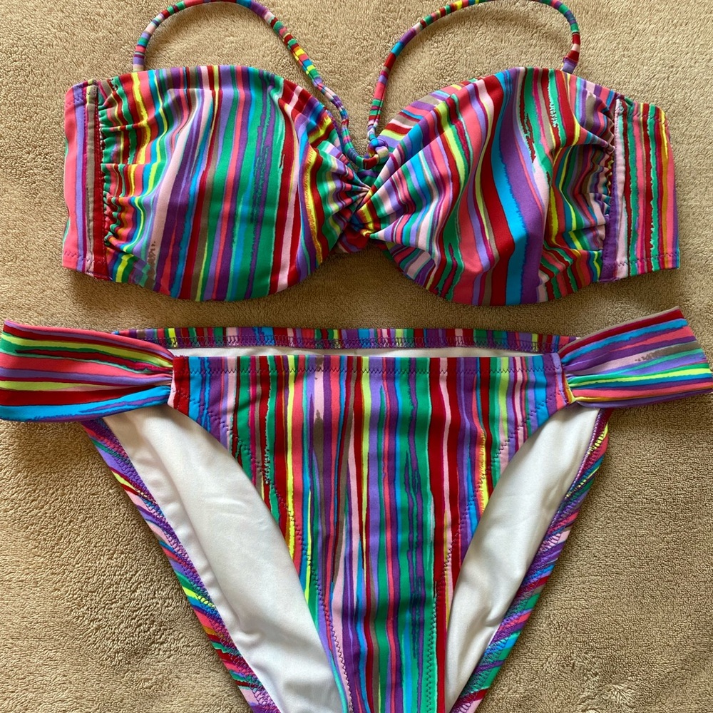 Victoria Secret two piece bikini.  Multi-colored vertical stripes. Like new.